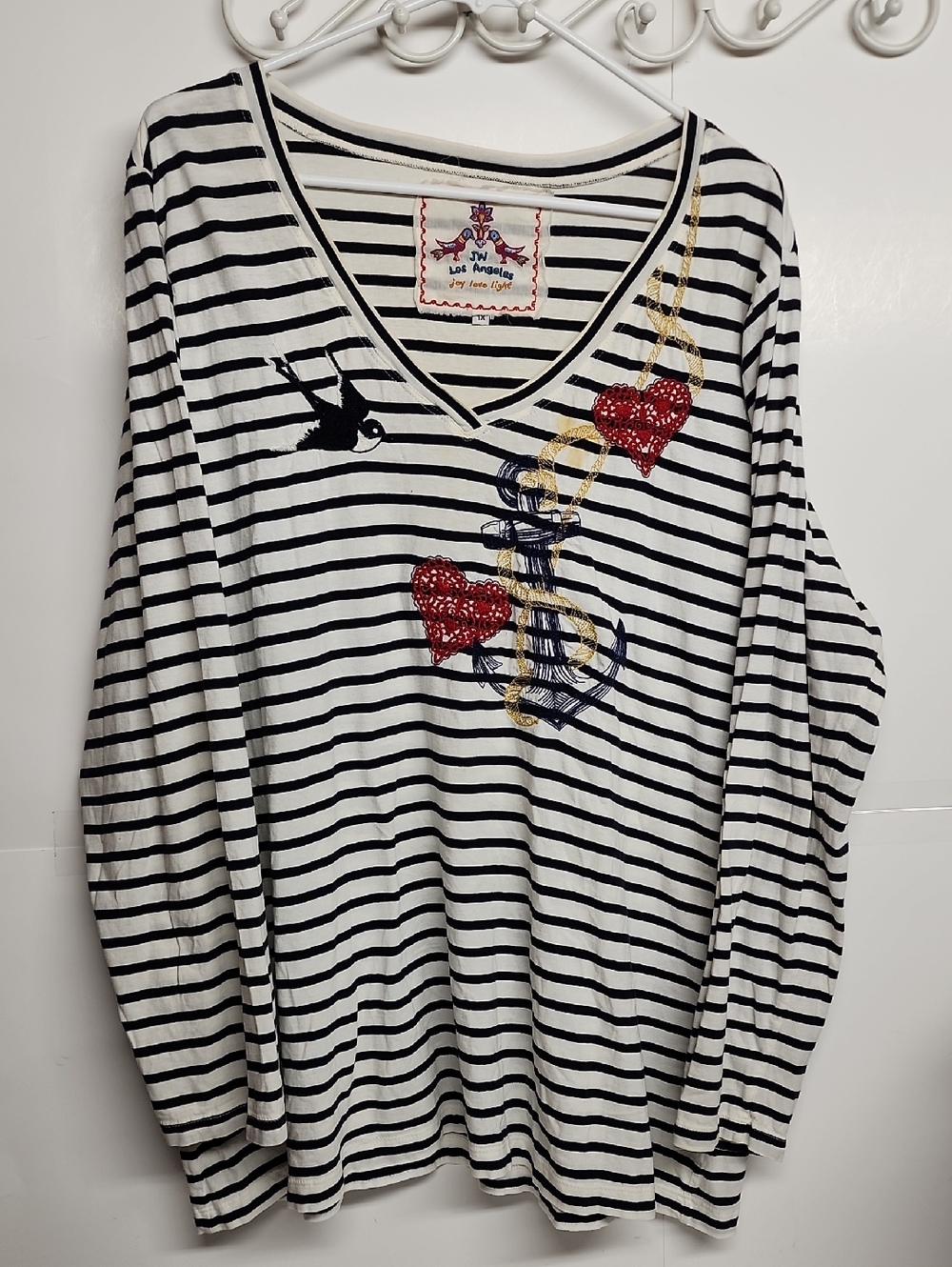 JW Los Angeles Johnny Was joy love light Striped V-Neck  Embellished Hearts 1X